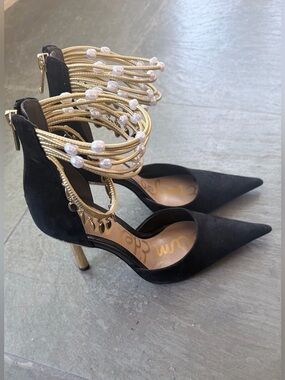 Sam Edelman Tia or beaded/strappy black gold beaded velvet pointed toe heels